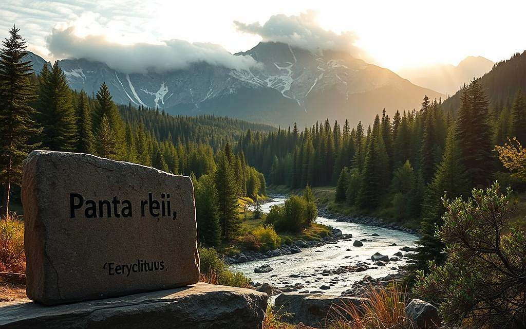 A serene, philosophical landscape reflecting the teachings of Heraclitus. In the foreground, a weathered stone tablet displays his famous quote "Panta rhei" - "Everything flows". The middle ground features a tranquil stream winding through a lush, verdant forest, symbolizing the constant flux of nature. In the background, rugged mountains rise majestically, their peaks shrouded in wispy clouds, conveying the timelessness and impermanence of existence. Soft, warm lighting filters through the scene, casting a contemplative, amber-hued glow. The overall atmosphere evokes a sense of contemplation, change, and the deeper truths underlying the material world.