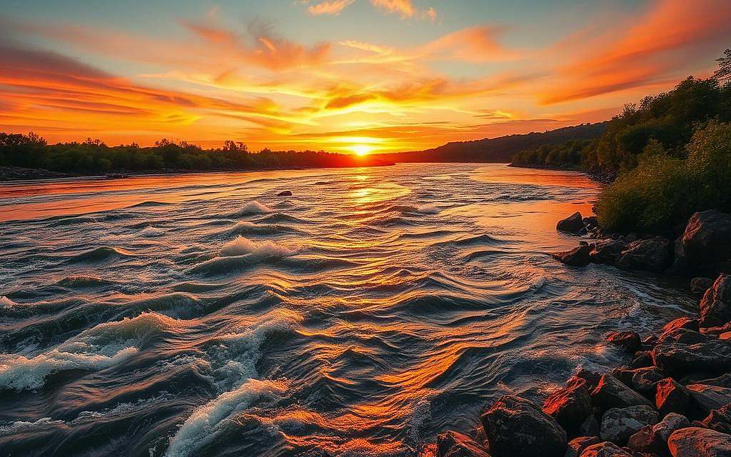 A serene riverscape bathed in the warm glow of a setting sun. Swirling currents and rippling waves represent the ceaseless flow of time and the ever-changing nature of reality. Jagged rocks and weathered shoreline symbolize the relentless forces of transformation. The sky is ablaze with vibrant oranges and reds, mirrored in the tranquil surface below, evoking a sense of eternal flux. Lush, verdant foliage lines the banks, hinting at the cycles of growth and decay. Dramatic, high-contrast lighting lends an air of mysticism, as if the scene is imbued with a timeless, philosophical quality. Captured with a wide-angle lens to convey a sense of vastness and grandeur, this image encapsulates Heraclitus' profound insight: "Panta rhei" - all is in flux.
