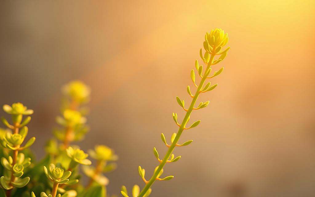 A serene scene of a vibrant Euphorbia plant, its vivid green leaves and slender stems emanating a powerful, healing energy. The plant is set against a soft, muted background, bathed in warm, golden light that imbues the image with a sense of tranquility and rejuvenation. The foreground features the plant in sharp focus, its intricate details and delicate structure highlighted, while the middle ground blurs slightly, drawing the eye to the central subject. The overall atmosphere conveys a sense of balance, harmony, and the restorative power of nature's elixir, embodying the concept of prevention and well-being through the utilization of the Euphorbia's remarkable properties.