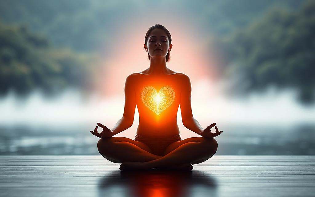 A serene, softly lit meditation scene with a person sitting in a lotus position, hands resting on their lap, eyes closed in deep contemplation. The figure is surrounded by a warm, glowing aura emanating from the heart region, representing the activation and expression of "Herzintelligenz" (heart intelligence). The background features a tranquil natural setting, perhaps a lush forest or a calming seascape, conveying a sense of inner peace and connection with the natural world. Subtle, ethereal light filters through the scene, creating a contemplative and introspective atmosphere. The composition and lighting work together to capture the essence of the meditation practice and the integration of heart-centered awareness.