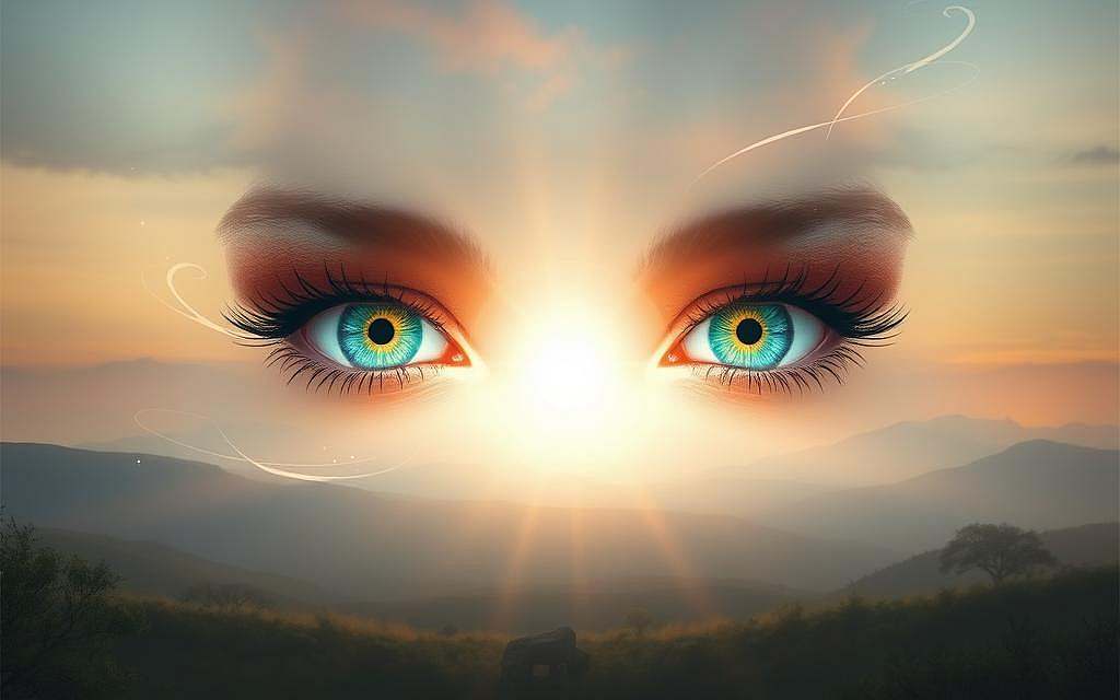 A serene, spiritual landscape showcasing the profound connection between eye color and the metaphysical realm. In the foreground, a pair of piercing, luminous eyes gaze soulfully out, reflecting an inner light. The middle ground features an ethereal, ambient glow, with wisps of energy swirling around the eyes. The background is a tranquil, mystical vista, with soft pastel hues and a sense of timelessness. Subtle hints of ancient symbolism and arcane wisdom are woven throughout the composition. The lighting is soft and diffuse, creating an atmosphere of introspection and enlightenment. The overall mood is one of deep contemplation, inviting the viewer to ponder the profound mysteries of human consciousness and the metaphysical underpinnings of our diverse eye colors.