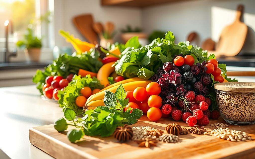 A serene, sun-dappled kitchen counter, adorned with an artful arrangement of vibrant, nutrient-dense whole foods - leafy greens, colorful vegetables, vibrant berries, and hearty grains. Warm, natural lighting casts a soft glow, highlighting the textural interplay of the fresh ingredients. In the foreground, a wooden cutting board showcases a selection of therapeutic herbs and spices, their vivid hues and delicate forms hinting at their restorative properties. The overall scene conveys a sense of balance, wholeness, and the power of nourishing, functional cuisine to support holistic well-being.