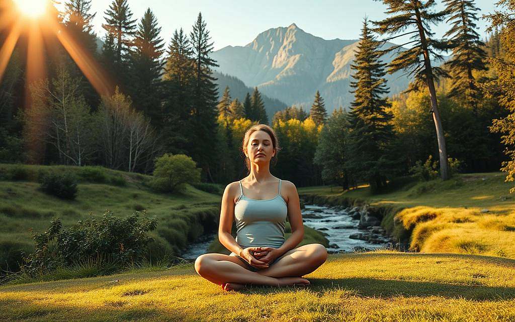 A serene, sun-dappled outdoor scene depicting the holistic practice of fasting and detoxification. In the foreground, a person sits cross-legged in a meditative pose, eyes closed, hands resting gently on their lap. The middle ground features a lush, verdant landscape with towering trees and a flowing stream. In the background, a majestic mountain range rises up, bathed in warm, golden light. The overall atmosphere is one of tranquility, introspection, and a deep connection to the natural world - a visual embodiment of the therapeutic effects of fasting and detoxification. Shot with a wide-angle lens to capture the expansive scenery, with soft, diffused lighting that creates a serene, ethereal mood.