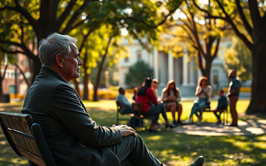 A serene, sun-dappled park setting, with a contemplative figure seated on a wooden bench, lost in deep thought. The figure's pose and expression convey a sense of philosophical introspection, their gaze directed inward. In the middle ground, a group of diverse individuals engage in lively discussion, gesturing animatedly as they explore ideas. The background features a blend of modern and classical architectural elements, symbolizing the synthesis of different philosophical traditions. Warm, natural lighting filters through the canopy of trees, creating a peaceful, reflective atmosphere that invites the viewer to ponder the relevance of philosophy in everyday life.