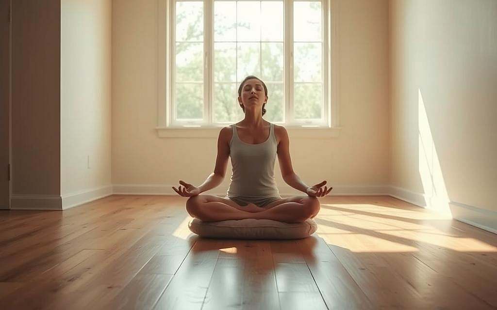 A serene, sunlit meditation room with a wooden floor and simple decor. In the center, a person sits cross-legged on a plush cushion, eyes closed in deep contemplation. Soft, diffused lighting from a large window casts a warm glow, creating an atmosphere of tranquility and introspection. The walls are painted in calming, neutral tones, with minimal artwork or decorations to avoid distraction. Ambient sounds of nature, such as a gentle breeze or birdsong, can be heard in the background, further enhancing the sense of inner peace and letting go. The overall composition evokes a sense of harmony, balance, and a journey towards personal growth and emotional release.