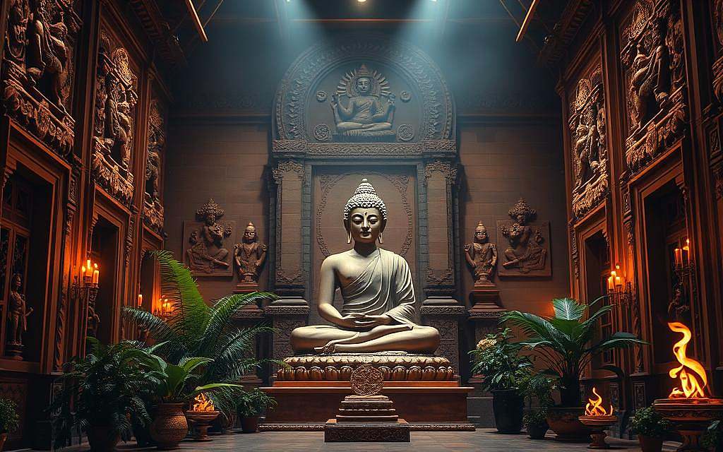 A serene temple interior, bathed in soft, warm lighting. In the center, a large statue of Buddha sits in contemplative pose, his eyes half-closed, a tranquil expression on his face. Surrounding the statue, intricate carvings and patterns adorn the walls, depicting the sacred symbols and deities of Hindu and Buddhist traditions. The number 108, a significant numeral in these faiths, is prominently featured, its graceful curves and angles echoing the architectural elements. Lush, verdant plants and burning incense create an atmosphere of reverence and spirituality. The composition is balanced, with a sense of depth and perspective, drawing the viewer into the sacred space.