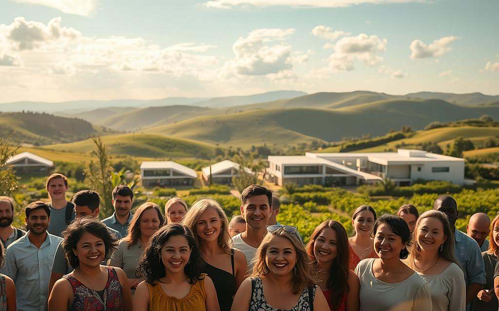 A serene, utopian landscape of a classless society. In the foreground, a diverse group of people gather peacefully, their faces radiant with joy and a sense of communal harmony. The middle ground features lush, verdant gardens and structures with clean, minimalist architecture, conveying a vision of sustainable, equitable living. In the background, rolling hills and a tranquil, cloud-dotted sky create a sense of boundless possibility and hope. The scene is bathed in warm, golden light, casting a dreamlike, almost spiritual atmosphere. Subtle lens flare and a slightly hazy, impressionistic quality lend an air of timeless, visionary idealism to this imagined, egalitarian world.