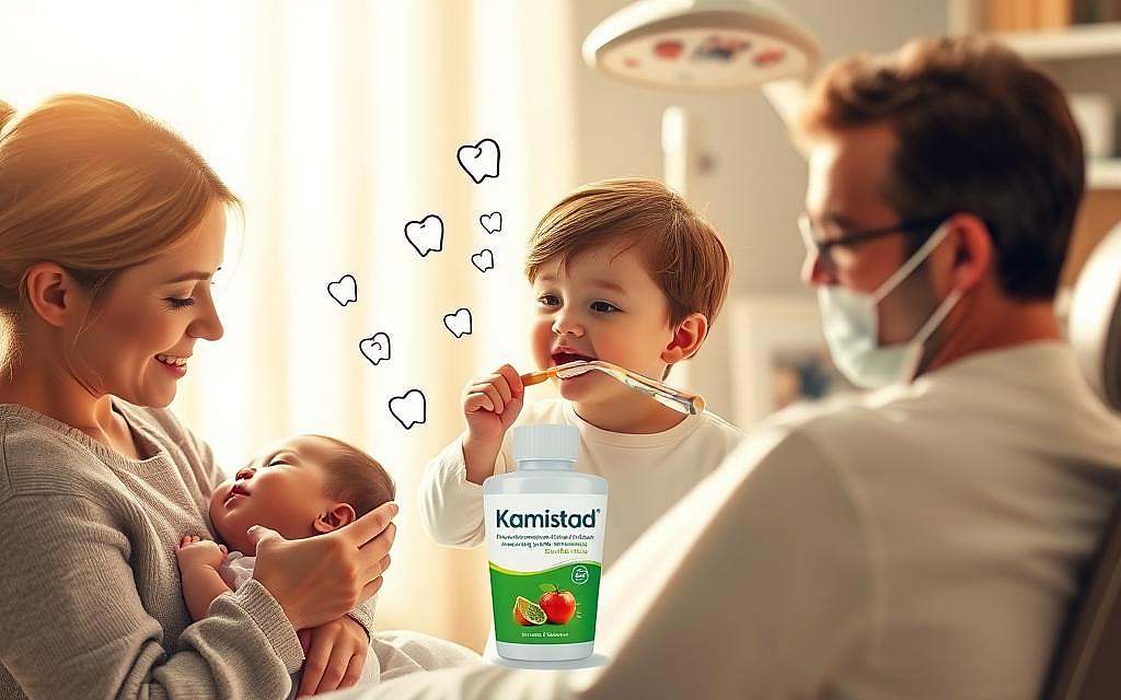 A serene, warm-lit scene showcasing the diverse applications of Kamistad, a natural dental care product. In the foreground, a mother gently applies Kamistad gel to her baby's gums, a soothing expression on her face. In the middle ground, a young child brushes their teeth with the Kamistad toothpaste, surrounded by whimsical, tooth-shaped illustrations. In the background, an adult patient reclines in a dental chair, undergoing a Kamistad-based treatment, the practitioner's hands delicately at work. The scene radiates a sense of holistic, gentle care, reflecting Kamistad's versatility from infancy to adulthood.