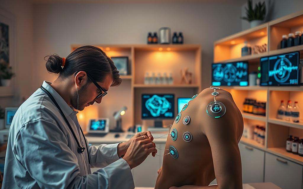 A serene, well-lit clinical setting showcases a diverse array of bioresonance therapy applications. In the foreground, a practitioner meticulously attaches electrodes to a patient's body, monitoring the subtle energetic frequencies that permeate their being. In the middle ground, various diagnostic devices and interfaces display real-time data, visualizing the intricate interplay of the body's natural rhythms. The background features shelves stocked with holistic remedies and natural supplements, hinting at the integrative approach of this cutting-edge healing modality. Warm, diffused lighting imbues the scene with an air of professionalism and tranquility, reflecting the transformative power of bioresonance therapy.