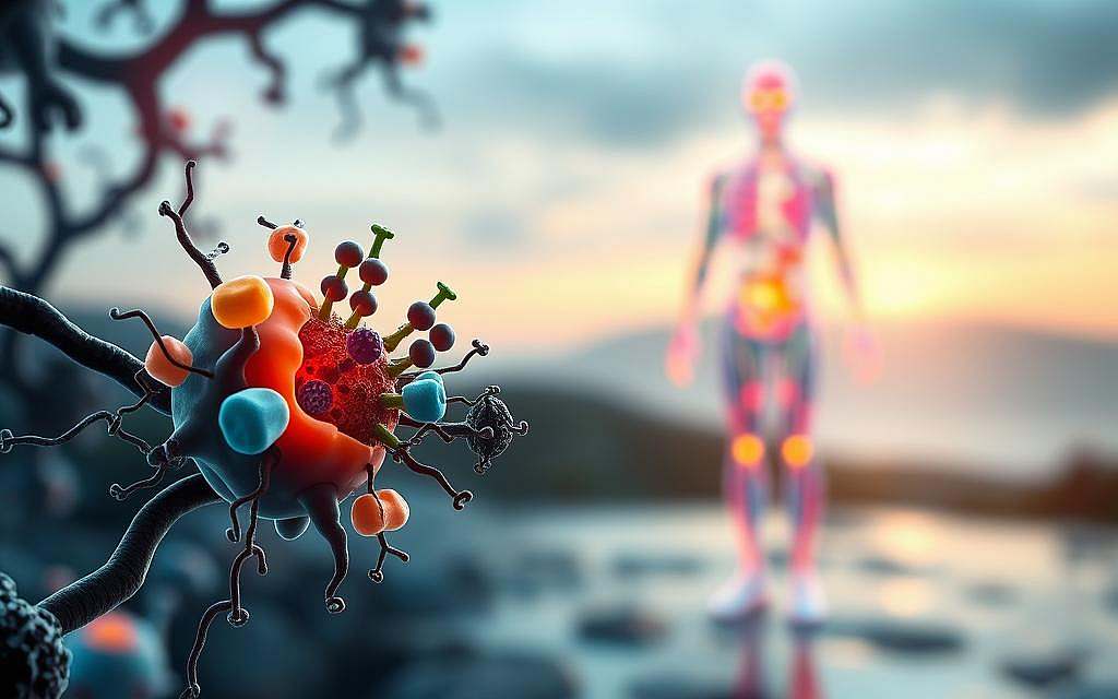 A serene, well-lit scene depicting the cellular process of autophagy and its impact on human health. In the foreground, a detailed illustration of the autophagy mechanism, with organelles and proteins undergoing degradation and recycling. In the middle ground, a representation of the human body, glowing with vibrant colors, symbolizing the rejuvenating effects of this natural cleansing process. The background features a soft, blurred landscape with calming hues, conveying a sense of balance and wholeness. The overall composition emphasizes the intricate relationship between autophagy and overall well-being, with a focus on the health benefits of this essential cellular function.