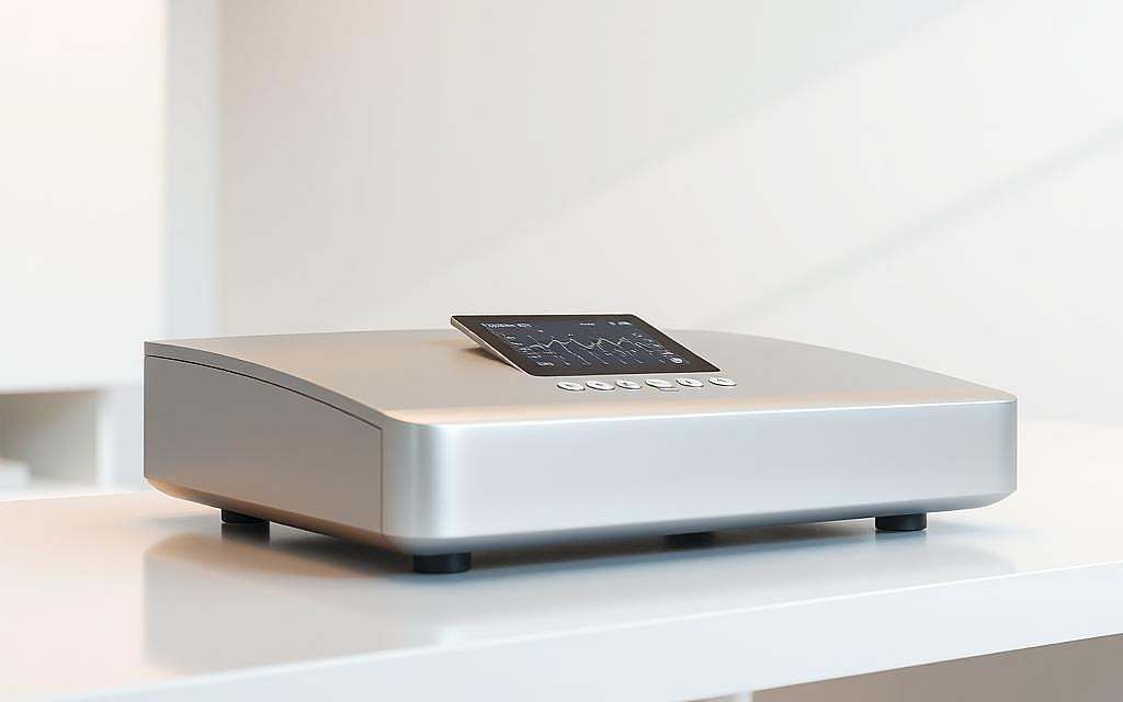 A sleek, modern bioresonance device sits atop a minimalist desk, its smooth metal surface gleaming under soft, diffused lighting. Intuitive controls and a high-resolution display invite the user to explore the device's advanced frequency analysis capabilities. In the background, a clean, airy studio space with neutral tones and subtle geometric elements creates a calming, professional atmosphere, reflecting the precision and innovation of this cutting-edge medical technology.