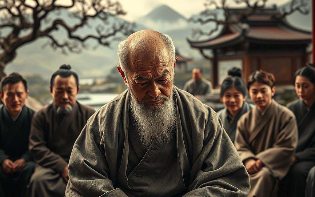 A solemn and reverent scene of Filialpietät, the Confucian virtue of filial piety. In the foreground, an elderly man sits in a dignified pose, his face etched with wisdom and experience. His gaze is downcast, exuding a sense of profound respect and deference. Surrounding him, a group of younger family members, their postures and expressions mirroring his own, conveying the deep reverence they hold for their elders. The lighting is soft and muted, creating an atmosphere of contemplation and solemnity. In the background, a traditional Chinese landscape unfolds, with rolling hills, gnarled trees, and a serene pond, reflecting the timeless cultural heritage that informs this profound virtue. The image evokes a timeless tradition of honoring one's ancestors and elders, a core tenet of Confucian philosophy.