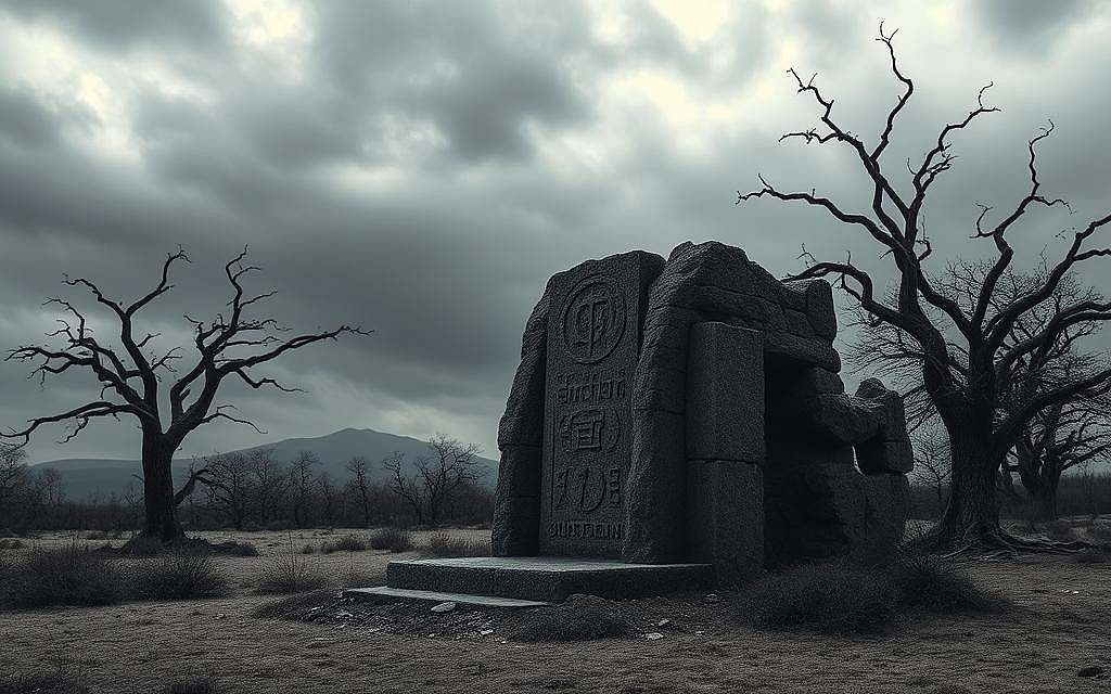 A somber, contemplative landscape, with a central focal point of a crumbling, weathered stone monument. The monument is adorned with intricate carvings and hieroglyphic-like symbols, hinting at an ancient, philosophical significance. The surrounding environment is a desolate, windswept scene, with gnarled, barren trees silhouetted against a brooding, overcast sky. The overall atmosphere conveys a sense of the transient nature of existence, the impermanence of all things, and the limitations of absolute truth. Moody, dramatic lighting casts deep shadows, adding to the melancholic mood. The composition is balanced, with the monument occupying the central focus, and the bleak, natural landscape framing it on all sides, symbolizing the tension between the eternal and the ephemeral.