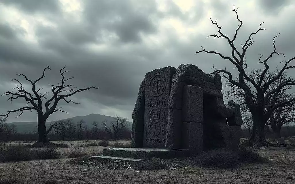 A somber, contemplative landscape, with a central focal point of a crumbling, weathered stone monument. The monument is adorned with intricate carvings and hieroglyphic-like symbols, hinting at an ancient, philosophical significance. The surrounding environment is a desolate, windswept scene, with gnarled, barren trees silhouetted against a brooding, overcast sky. The overall atmosphere conveys a sense of the transient nature of existence, the impermanence of all things, and the limitations of absolute truth. Moody, dramatic lighting casts deep shadows, adding to the melancholic mood. The composition is balanced, with the monument occupying the central focus, and the bleak, natural landscape framing it on all sides, symbolizing the tension between the eternal and the ephemeral. A somber, contemplative landscape, with a central focal point of a crumbling, weathered stone monument. The monument is adorned with intricate carvings and hieroglyphic-like symbols, hinting at an ancient, philosophical significance. The surrounding environment is a desolate, windswept scene, with gnarled, barren trees silhouetted against a brooding, overcast sky. The overall atmosphere conveys a sense of the transient nature of existence, the impermanence of all things, and the limitations of absolute truth. Moody, dramatic lighting casts deep shadows, adding to the melancholic mood. The composition is balanced, with the monument occupying the central focus, and the bleak, natural landscape framing it on all sides, symbolizing the tension between the eternal and the ephemeral.