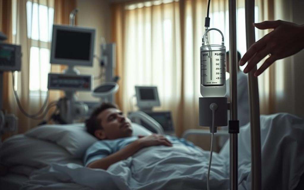 A somber hospital room, bathed in a warm, diffused light filtering through curtained windows. In the foreground, a patient lies in bed, their expression a mix of determination and resignation, as they gaze upon an intravenous drip delivering the powerful chemotherapeutic treatment. Surrounding them, a tableau of medical equipment, from monitors tracking vital signs to the sleek, metallic infusion pump administering the life-saving, yet debilitating, medication. In the background, a blurred silhouette of a loved one, a hand extended in support, conveying the delicate balance between the physical and emotional toll of this arduous journey. The scene evokes a sense of both the necessity and the human cost of this medical intervention, a poignant exploration of the complex relationship between chemotherapy and quality of life.