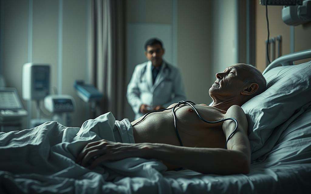 A somber, photorealistic illustration depicting the long-term health consequences of chemotherapy. In the foreground, a weary, emaciated patient lies in a hospital bed, tubes and wires connected to their frail body. The middle ground shows a blurred background of medical equipment and a concerned doctor, conveying the clinical environment. The atmosphere is one of quiet despair, with muted, desaturated colors and dramatic low-key lighting casting deep shadows, emphasizing the gravity of the situation. The scene is captured with a medium-wide angle lens, creating a sense of intimate distance. This impactful image visually summarizes the lasting, detrimental impact of chemotherapy treatment.