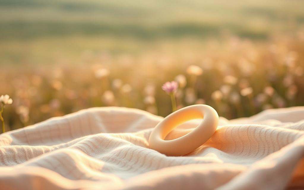 A soothing scene of a Kamistad Baby Zahnungshilfe, a natural teething aid for infants, resting on a soft, organic cotton blanket. The product is bathed in warm, diffused lighting, highlighting its gentle curves and calming tones. In the background, a serene, pastel-hued meadow stretches out, dotted with delicate wildflowers, conveying a sense of tranquility and natural healing. The image captures the essence of "Kamistad für Babys – Sanfte Hilfe beim Zahnen," showcasing the product's ability to provide a comforting, holistic solution for the discomfort of teething in a soothing, natural environment.