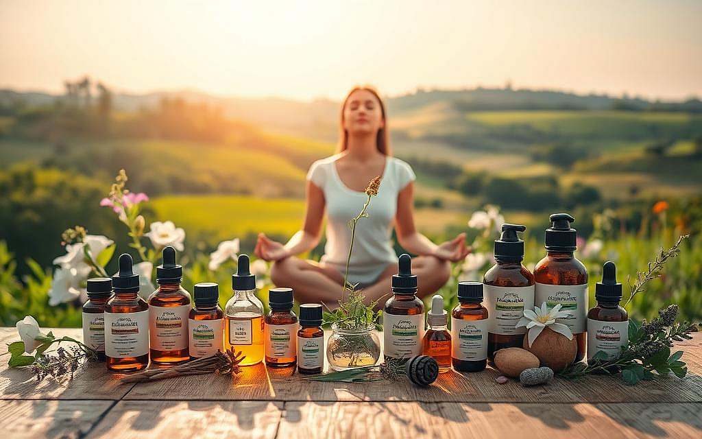 A soothing, serene landscape of natural remedies for stomach ailments. In the foreground, an array of herbal tinctures, essential oils, and holistic therapies arranged artfully on a wooden surface, bathed in warm, natural lighting. In the middle ground, a contemplative figure sits in a meditative pose, eyes closed, surrounded by flowering plants and calming colors. The background depicts a tranquil, pastoral scene with rolling hills, lush greenery, and a clear sky, evoking a sense of balance and well-being. The overall composition conveys a harmonious, therapeutic atmosphere suitable for treating digestive issues through alternative methods.