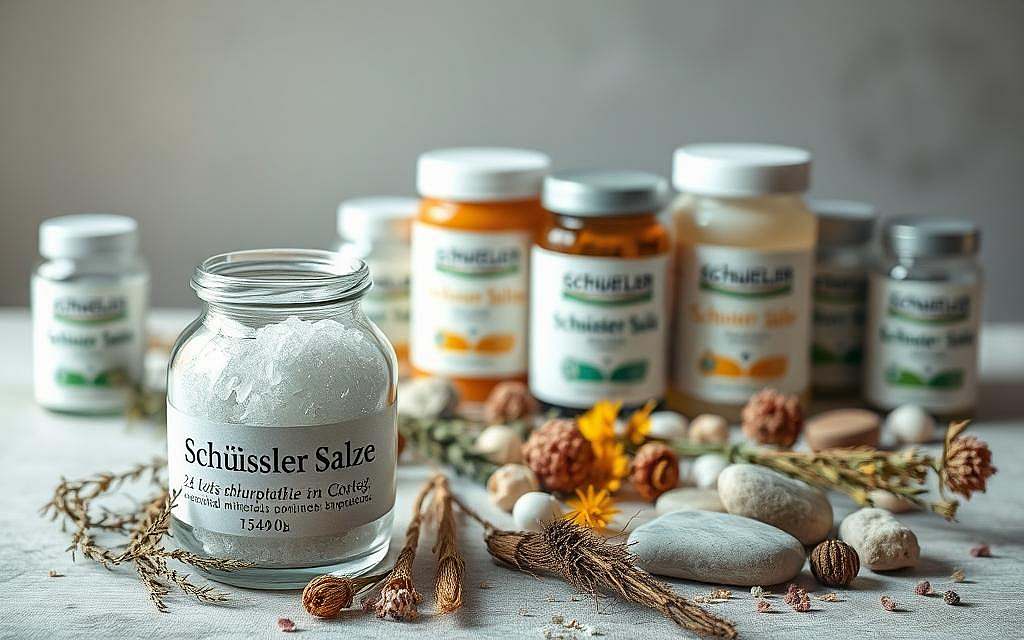 A sophisticated still life composition depicting a selection of Schüßler Salze, the 24 essential mineral supplements used in homeopathic and naturopathic medicine. The foreground features an elegant glass jar or bottle filled with crystalline Schüßler Salze, its contents visible through the transparent glass. Surrounding the jar are various natural elements such as freshly harvested herbs, flowers, or stones, arranged in a carefully balanced composition. The middle ground showcases additional Schüßler Salze containers, each with distinct labels or packaging, suggesting the variety of products available. In the background, a soft, muted color palette evokes a sense of natural serenity, with subtle lighting that gently illuminates the scene, highlighting the natural textures and tones of the elements. The overall atmosphere conveys the holistic, healing properties of Schüßler Salze and their importance in the practice of naturopathic medicine.