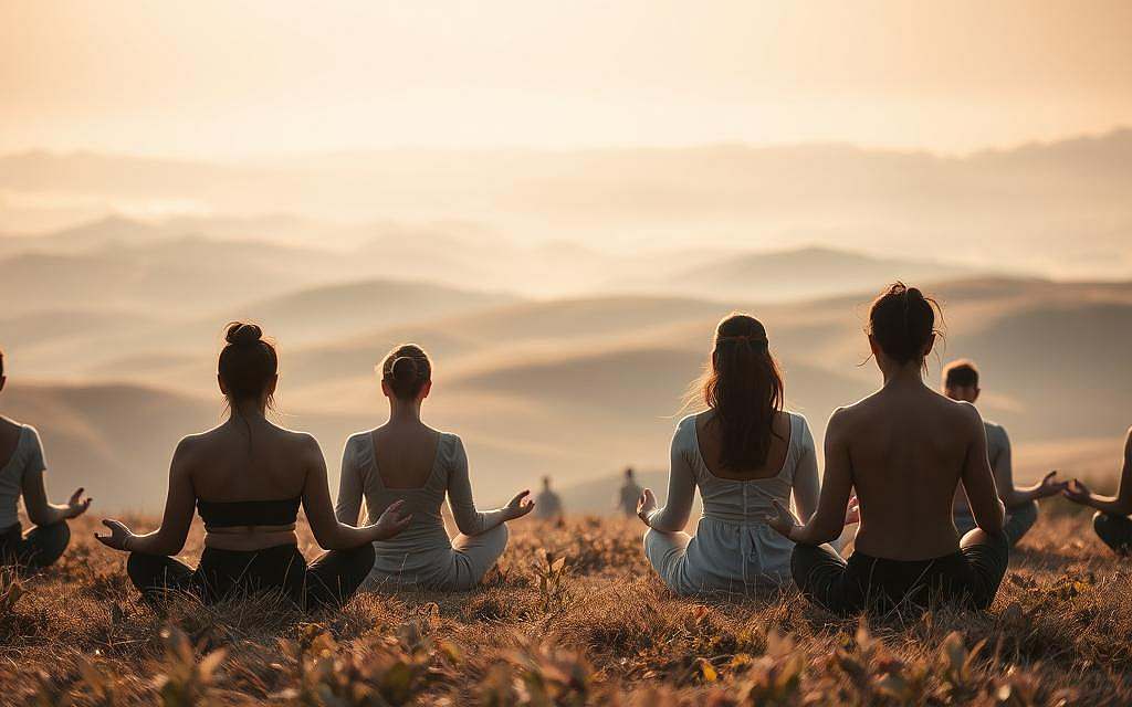 A spiritual, ethereal landscape in a classless society. In the foreground, a group of people in meditative poses, their expressions serene and introspective. In the middle ground, a vast, open field with undulating hills, bathed in a warm, diffuse light. In the background, a hazy, dreamlike horizon, suggesting a sense of transcendence and the blurring of material boundaries. The scene conveys a harmonious coexistence of the physical and the metaphysical, where individuals are united in a shared exploration of the divine. Soft, muted colors and a sense of weightlessness evoke a contemplative, introspective mood. A wide-angle lens captures the expansive, boundless nature of this spiritual landscape, free from the constraints of class or hierarchy.