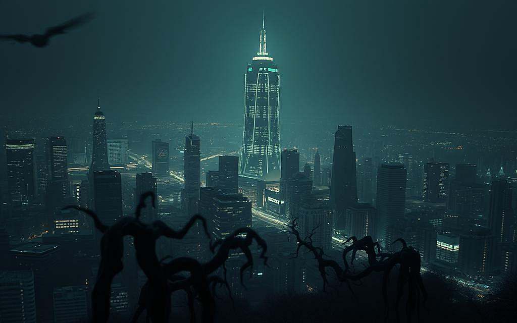 A sprawling cityscape, dimly lit by an eerie, sickly glow. In the foreground, twisted, gnarled structures suggest the ominous presence of an antibiotic-resistant pathogen. Looming in the background, a towering monolith of medical facilities, their windows flickering with a sense of unease. The atmosphere is heavy with a palpable dread, as if the very air is thick with unseen threats. The scene is captured through a wide-angle lens, giving a sense of scale and the overwhelming nature of the challenge. Muted colors, a cinematic depth of field, and dramatic shadows add to the sense of impending doom, underscoring the gravity of the situation depicted.