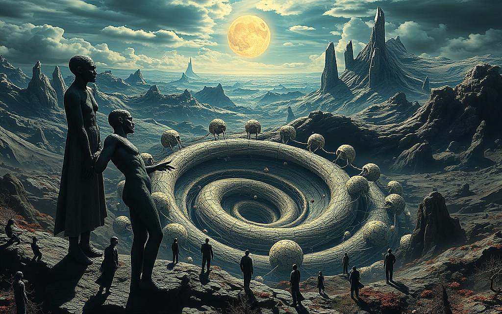 A sprawling, surreal landscape that symbolizes the critical examination of theories of consciousness. In the foreground, towering, abstract figures engage in animated debate, their forms blending and morphing with the environment. The middle ground features a swirling vortex of disembodied neurons, synapses, and neurotransmitters, representing the complex neurological processes underlying consciousness. In the distance, a horizon of jagged, crystalline structures pierces the sky, hinting at the unresolved mysteries and scientific controversies surrounding the nature of mind and reality. Dramatic, high-contrast lighting illuminates the scene, casting dramatic shadows and highlighting the tension and dynamism of the composition. An unsettling, yet thought-provoking atmosphere pervades the image, inviting the viewer to ponder the deep questions at the heart of consciousness.