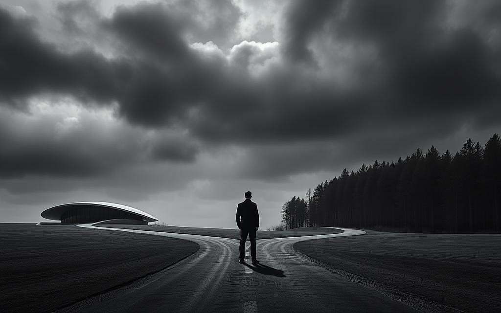 A stark, minimalist landscape with a central figure standing at a crossroads. In the foreground, the figure hesitates, torn between two paths - one leading to a sleek, modern structure representing pragmatic utility, the other winding into a dense, abstract forest symbolizing existential freedom. The sky above is a brooding, charcoal grey, casting dramatic shadows that underscore the weighty decision. The lighting is dramatic, with stark contrasts between light and shadow. The camera angle is slightly elevated, lending a sense of contemplation and introspection to the scene. The overall mood is one of tension and uncertainty, reflecting the philosophical dilemma at the heart of the subject matter.