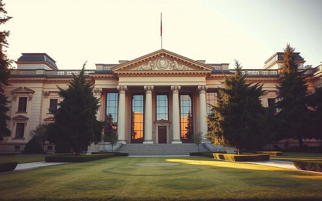 A stately courthouse stands tall, its facade adorned with ornate architecture and grand columns. The large windows reflect the warm glow of the afternoon sun, casting a soft, inviting light upon the scene. In the foreground, the heavy wooden doors stand open, beckoning visitors to enter and witness the proceedings within. The middle ground is dominated by a well-manicured lawn, dotted with neatly trimmed hedges and stately trees that sway gently in the breeze. In the background, the skyline of Stuttgart rises, its modern skyscrapers standing in contrast to the classic, timeless design of the Oberlandesgericht. The atmosphere is one of dignity, authority, and the pursuit of justice.