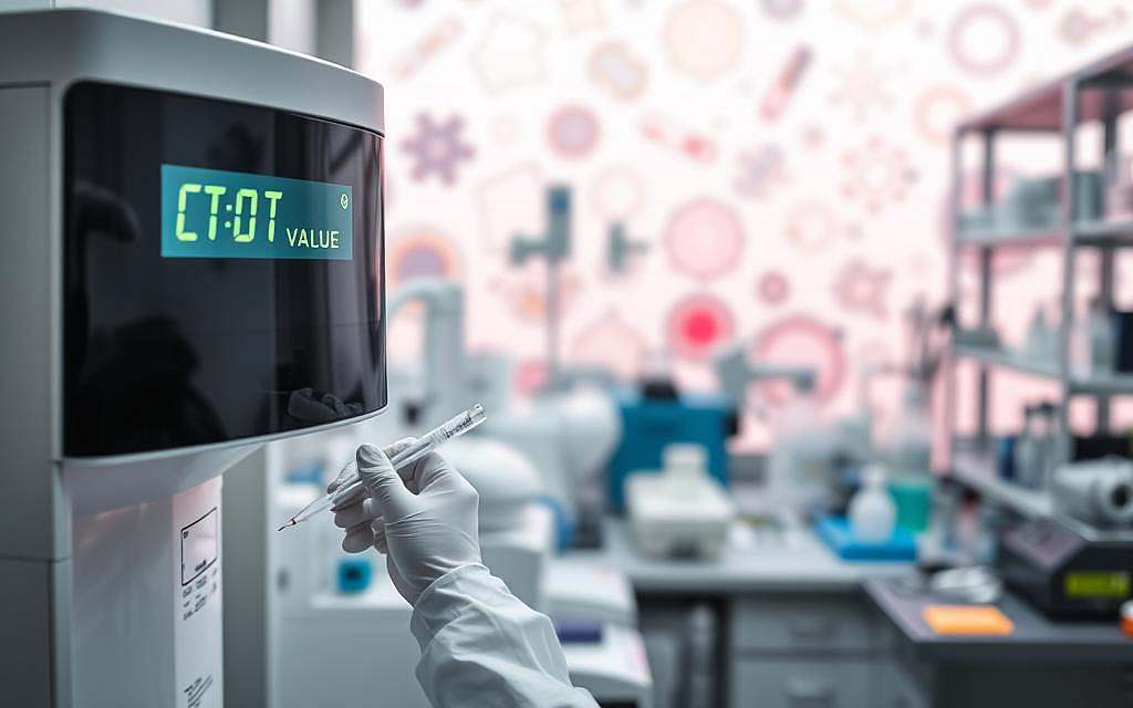A sterile, well-lit medical laboratory setting. In the foreground, a scientist in a white lab coat carefully pipettes a sample into a PCR testing machine. Its digital readout displays a mysterious "CT value," the central focus. In the middle ground, various other laboratory equipment, beakers, and instruments suggest the complex nature of the testing process. The background is hazy, with blurred images of petri dishes, test tubes, and other scientific paraphernalia, creating a sense of the broader context of medical diagnostics. The overall mood is one of clinical precision, but also uncertainty and ambiguity surrounding the limitations of the PCR test.