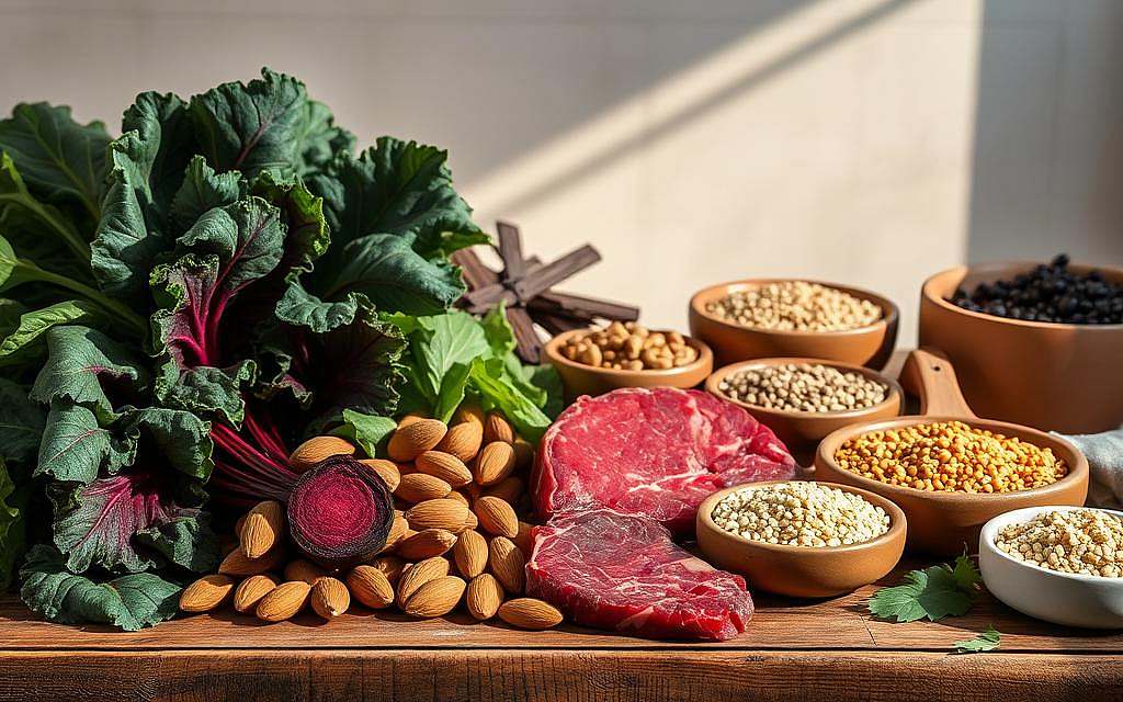 A still life composition depicting a vibrant array of iron-rich foods. In the foreground, a rustic wooden table is laden with a bounty of organic produce - deep green leafy kale, earthy beets, crunchy almonds, and succulent red meat. Warm, natural lighting bathes the scene, casting soft shadows and highlighting the rich colors and textures. In the middle ground, various whole grains such as quinoa and lentils are displayed in earthenware bowls, complementing the overall earthy, nourishing atmosphere. The background features a simple, neutral backdrop, allowing the vibrant, nutrient-dense foods to take center stage. The composition is balanced, well-organized, and invites the viewer to appreciate the abundance of iron-rich, wholesome ingredients that can be incorporated into a healthy, revitalizing diet.