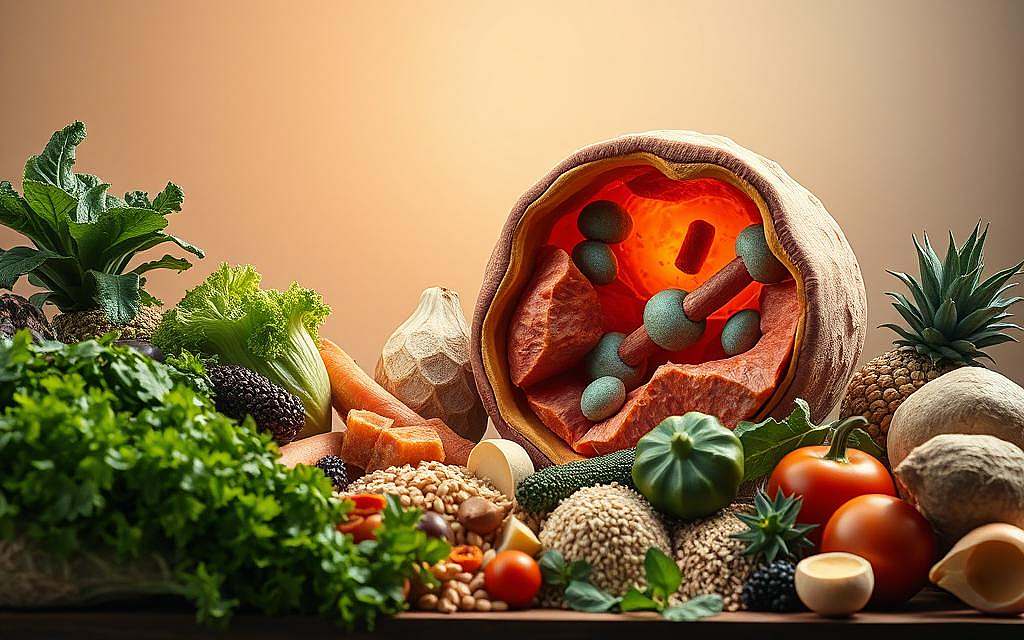 A still life scene depicting the interconnection between nutrition and autophagy. In the foreground, a selection of wholesome, nutrient-dense foods - leafy greens, colorful vegetables, whole grains, and healthy fats. In the middle ground, a cutaway view of a human cell, with the process of autophagy visible - mitochondria and organelles being broken down and recycled. In the background, a soft, muted palette with a sense of serenity and introspection, symbolizing the restorative power of this cellular cleansing process. Lighting is warm and diffused, creating a sense of depth and vitality. The composition conveys the idea that proper nutrition can support and enhance the body's natural autophagy mechanisms, optimizing cellular health and overall wellbeing.
