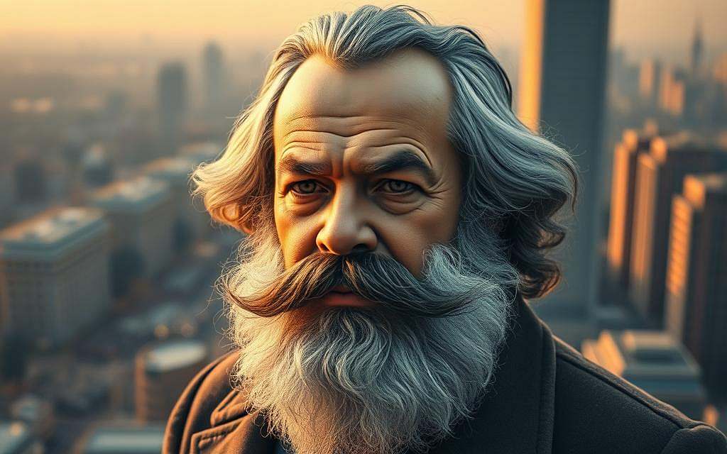 A striking portrait of Karl Marx in the 21st century, against a backdrop of a bustling cityscape. Marx's iconic bearded visage is rendered in a photorealistic style, his penetrating gaze conveying a sense of timeless wisdom and revolutionary spirit. The foreground is illuminated by soft, warm lighting, while the cityscape in the background is depicted in cooler tones, suggesting the ongoing relevance of Marx's ideas in the modern world. The composition evokes a sense of contemplation and the enduring legacy of Marxist thought, inviting the viewer to ponder its continued significance in the contemporary social and economic landscape.