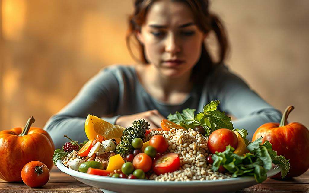 A striking scene depicting the challenges of iron deficiency in specialized diets. A person sits contemplatively, their face slightly pale, as they examine a plate of plant-based foods. In the foreground, an array of colorful fruits, vegetables, and whole grains form a visually appealing yet potentially iron-poor spread. The background is hazy, suggesting the mental fog that can accompany low iron levels. Warm, natural lighting casts a pensive mood, underscoring the need for conscious dietary planning to address this common nutritional imbalance. The composition invites the viewer to consider the nuances of maintaining healthy iron status through specialized eating habits.