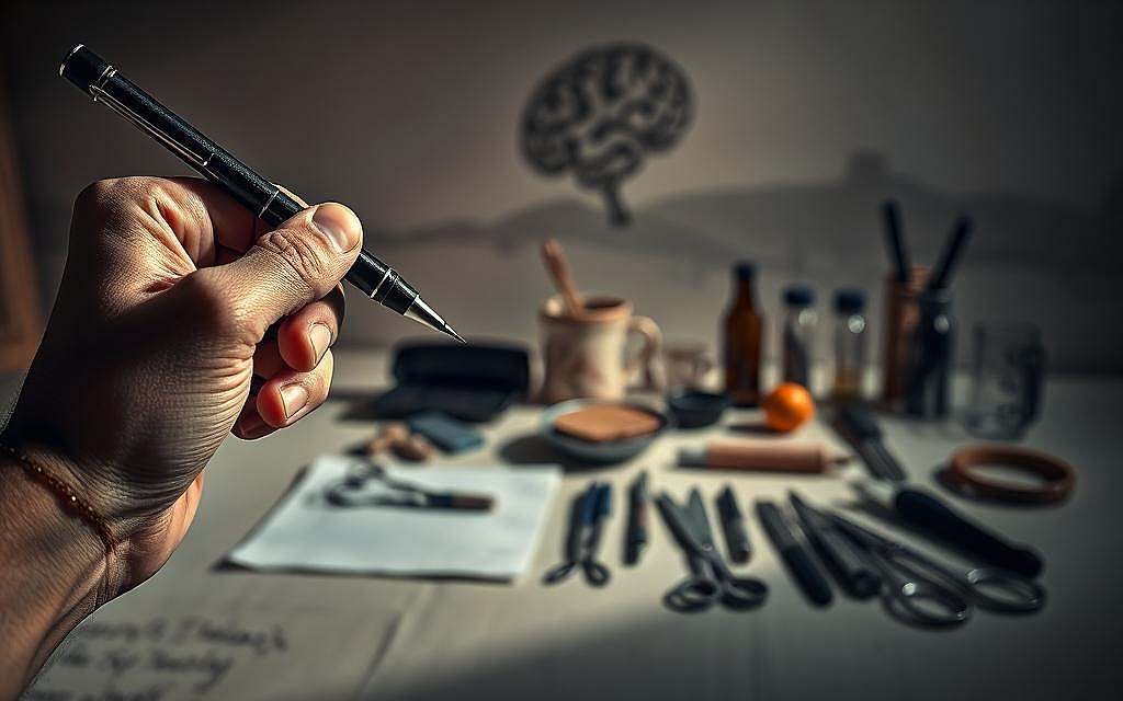 A study of left-handedness, capturing the unique perspectives and nuances of the left-handed experience. In the foreground, a close-up of a left hand gracefully wielding a calligraphy pen, the flow of ink conveying the artistic sensibilities often associated with left-handers. In the middle ground, an array of everyday objects arranged to highlight the challenges and adaptations required in a right-handed world - scissors, kitchen tools, and more. The background evokes a contemplative, introspective mood, with soft, muted tones and a hint of a cerebral landscape, alluding to the psychological and neurological aspects of handedness. Dramatic, low-angle lighting casts dramatic shadows, emphasizing the distinct and often misunderstood nature of left-handedness.