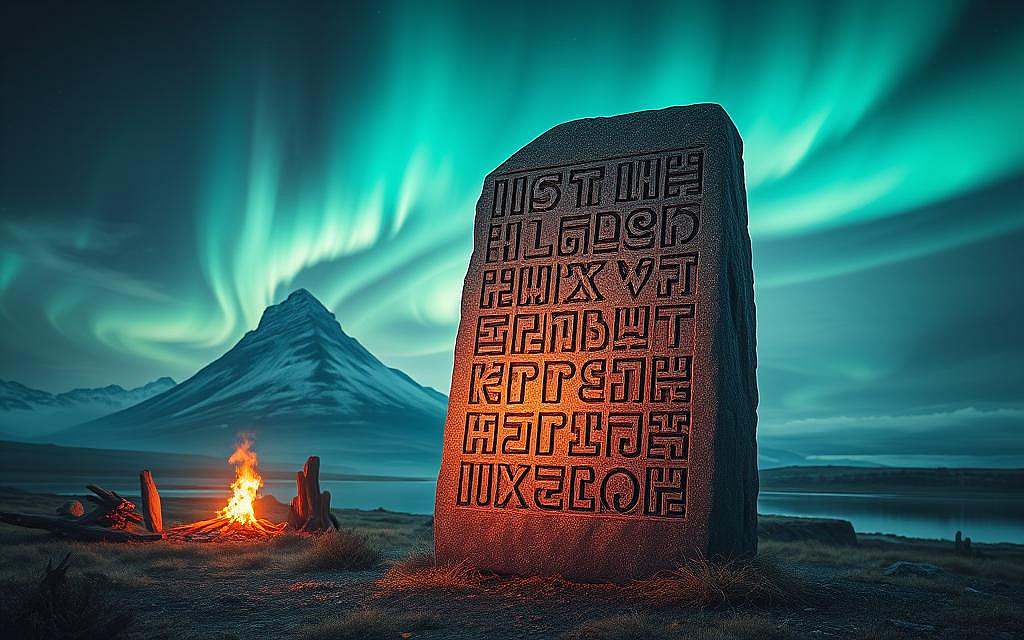 A stunning landscape of ancient Norse elements and runes, bathed in a soft, ethereal light. In the foreground, a large, ornately carved runestone stands tall, its intricate symbols glowing with an otherworldly energy. Surrounding it, the four classical elements - earth, air, fire, and water - are represented by natural formations: a towering mountain, swirling winds, a crackling fire, and a tranquil lake. In the background, the Northern Lights dance across the sky, casting a mystic, dreamlike atmosphere over the scene. The overall composition conveys a deep, reverent connection between the Germanic people and the primal forces of the natural world, as embodied by the sacred runes.