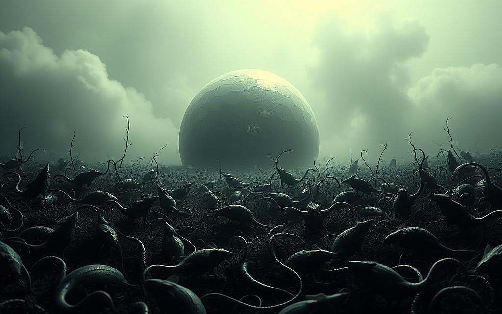 A surreal and ethereal depiction of the Universum25 experiment, where a colony of mice descends into collective decline. In the foreground, a haunting, monochromatic landscape with twisted, writhing forms, suggesting the psychological turmoil of the mice. The middle ground reveals a shimmering, otherworldly structure, resembling a domed habitat, its surface reflecting the turmoil below. The background is shrouded in a hazy, dreamlike atmosphere, hinting at the deeper spiritual implications of this unsettling experiment. Dramatic lighting casts long shadows, creating a sense of unease and mystery. The overall composition evokes a mirror to the human condition, a cautionary tale of the consequences of societal decay.