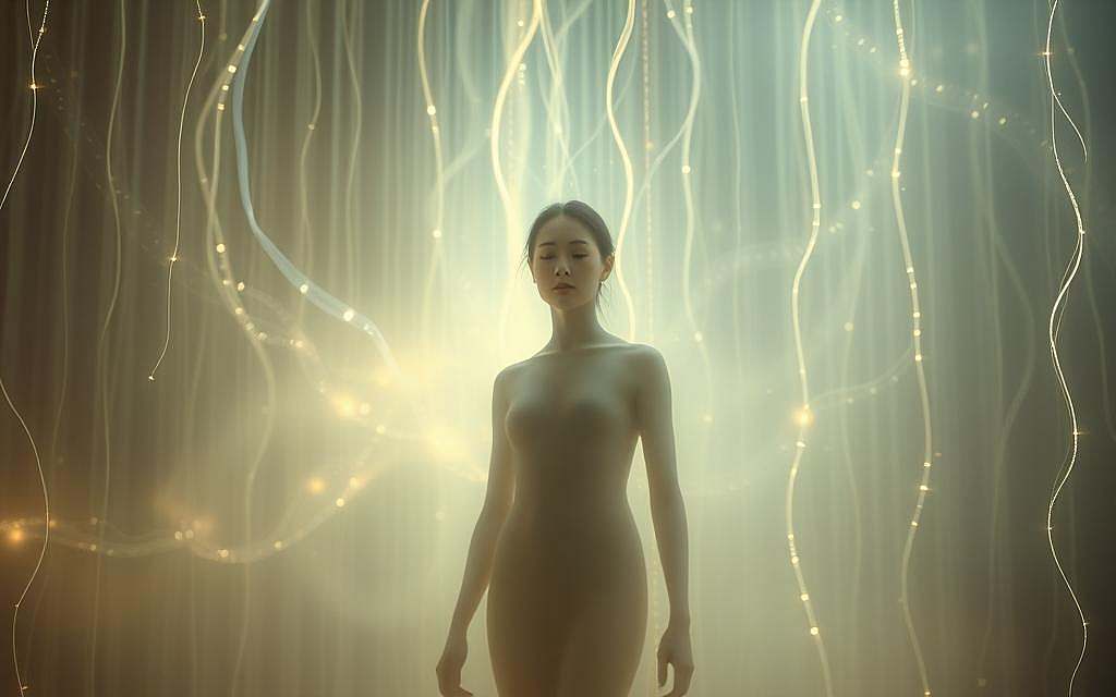 A surreal and introspective depiction of the "spiritual ego" - a hazy, ethereal figure stands in the foreground, its form blending seamlessly with the luminous, shimmering background. Cascading ribbons of light and energy swirl and converge, creating an otherworldly, meditative atmosphere. The figure's expression is serene yet enigmatic, hinting at a deeper state of consciousness beyond the material realm. Soft, diffused lighting casts a warm, contemplative glow, emphasizing the sense of internal reflection and the veiling of true self. Subtle, dreamlike textures and a muted color palette evoke a state of psychological concealment and the layers of the psyche.
