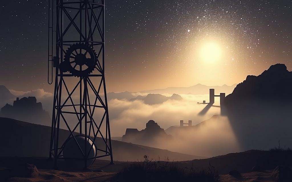 A surreal and introspective landscape, where the concept of "logik" is explored through a metaphorical representation. In the foreground, a towering, geometric structure made of interlocking metallic shapes and gears, casting long, dramatic shadows across the scene. The middle ground features a serene, mist-shrouded environment, with a dreamlike quality, hinting at the subjectivity of our perceptions. In the background, a vast, starry sky, conveying the vastness of the universe and the search for deeper understanding. Soft, muted lighting illuminates the scene, creating a contemplative and pensive atmosphere, inviting the viewer to ponder the nature of their own existence and the relationship between thought and being.