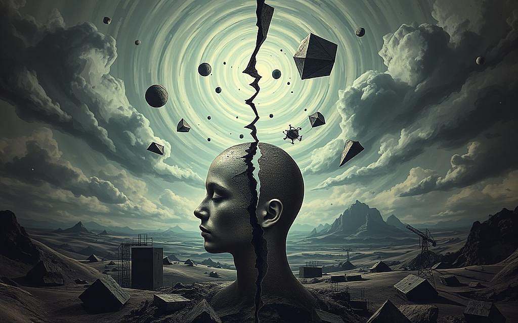 A surreal, dreamlike depiction of "Kognitive Dissonanz" (Cognitive Dissonance). A disjointed, fragmented landscape with clashing visual elements. In the foreground, a person's head appears to be split in two, the two halves at odds, disconnected. The background features a swirling, distorted skyscape, with geometric shapes and abstract patterns colliding and overlapping. Muted, unsettling colors predominate, creating a sense of psychological unease. The lighting is dim, almost chiaroscuro, casting dramatic shadows and highlighting the tension and inner conflict. The overall composition conveys the feeling of a mind at war with itself, the inability to reconcile contradictory beliefs or emotions.