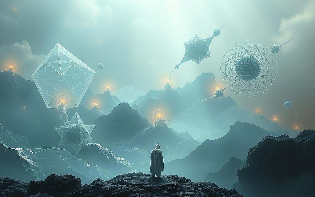 A surreal, dreamlike landscape depicting the intertwining of time and human existence. In the foreground, a ghostly figure stands amidst shimmering, transparent layers of parallel timelines, each casting a faint glow. The middle ground features floating geometric shapes and fractals, representing the complex, interwoven nature of reality. The background is shrouded in a hazy, ethereal atmosphere, with swirling currents of energy and entropy. Soft, diffused lighting illuminates the scene, creating a sense of mysticism and the sublime. The overall composition conveys the fragility and interconnectedness of the human experience within the vast, unknowable tapestry of time and existence.