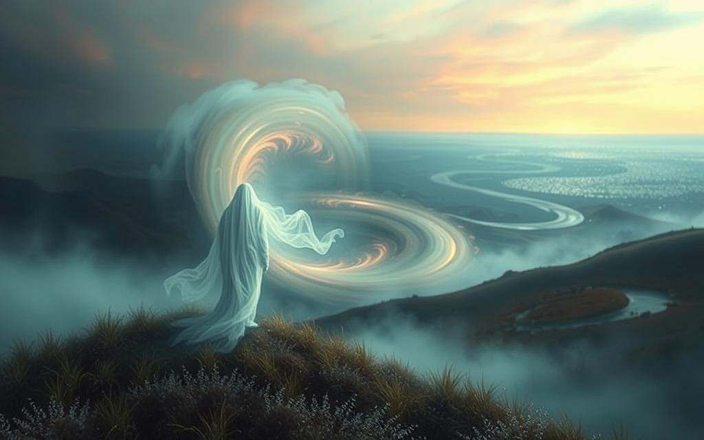 A surreal, dreamlike landscape where the boundaries between present and future blur. In the foreground, a ghostly figure emerges, its form shifting and flickering, symbolizing the elusive nature of our perception of time. The middle ground is a swirling vortex of color and light, hinting at the interconnectedness of past, present, and future. In the distant background, a horizon line glimmers with shimmering energy, suggesting a future that is both familiar and unknowable. The overall atmosphere is one of contemplation and wonder, inviting the viewer to ponder the nature of their own Zeitbewusstsein, or consciousness of time.