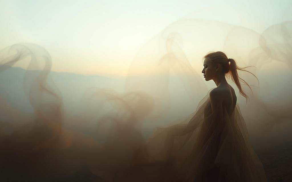 A surreal, dreamlike scene depicting the fluidity of identity and the nature of constant change. In the foreground, a figure made of shifting, translucent shapes morphs and blends into the background, their features indistinct and ever-evolving. The middle ground is a hazy, ethereal landscape of swirling, ephemeral forms, colors bleeding into one another. In the distance, a horizon line blurs the boundary between sky and earth, suggesting the interconnectedness of all things. The overall mood is one of tranquility and contemplation, inviting the viewer to ponder the paradoxical nature of identity and the inevitability of transformation.
