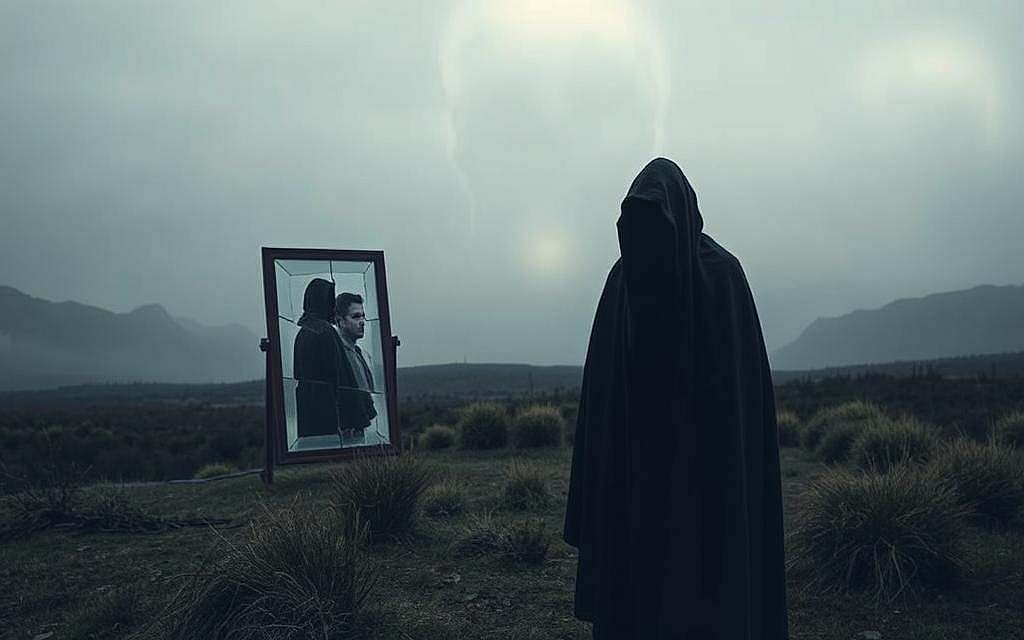 A surreal landscape depicting the moral boundaries of repression. In the foreground, a figure shrouded in a dark cloak, their face obscured, symbolizing the act of denial and avoidance. The middle ground reveals a fractured mirror, reflecting distorted, fragmented versions of the self. In the distant background, a looming, ominous presence casts an ethereal glow, hinting at the ethical consequences of suppressing one's reality. The scene is bathed in a somber, melancholic palette, with muted tones and soft, diffused lighting, evoking a sense of unease and introspection. The overall composition conveys the psychological and moral complexities of the human tendency to hide from uncomfortable truths.