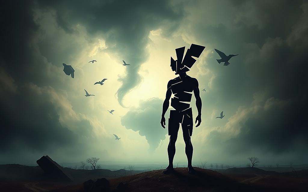 A surreal, psychological landscape depicting the interplay of cognition and self-deception. In the foreground, a figure made of distorted, fragmented shapes represents the unreliable and malleable nature of human thought processes. Their form shifts and blurs, hinting at the subjectivity and biases that shape our perceptions. The middle ground features a dreamlike, surreal environment, with disjointed, floating elements that challenge the boundaries of reality. The background is shrouded in a hazy, atmospheric mist, conveying a sense of uncertainty and the hidden depths of the subconscious. Dramatic lighting casts dramatic shadows, emphasizing the contrast between what is seen and what is hidden. The overall mood is one of introspection, questioning the very foundations of our beliefs and understanding.