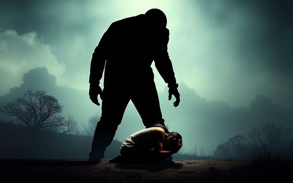 A surreal scene of boundary violations, with a figure towering over a cowering victim. The foreground depicts the imposing, faceless aggressor, their shadow looming large and distorted, conveying a sense of overwhelming power and disregard for personal space. The middle ground shows the victim, curled up in a defensive posture, their expression one of fear and discomfort. The background is a hazy, dreamlike landscape, suggesting the psychological and emotional turmoil of the situation. Dramatic lighting casts harsh shadows, heightening the sense of unease and tension. The overall mood is one of vulnerability, oppression, and the violation of personal boundaries.