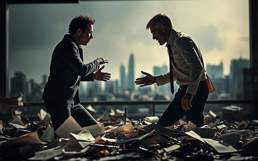A tense, chaotic scene of communication turned battleground. In the foreground, two figures locked in a heated argument, their bodies tense, hands gesturing wildly. Harsh, dramatic lighting casts dramatic shadows, creating an atmosphere of conflict and confrontation. The middle ground is cluttered with discarded papers, broken pens, and other remnants of the battle, symbolizing the aftermath of the exchange. In the background, a blurred, abstract cityscape serves as a backdrop, suggesting the broader societal context in which this clash is taking place. Overall, the image conveys the sense of communication as a high-stakes arena, where disagreement and the drive to be right can overshadow understanding and resolution.
