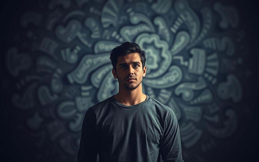 A thoughtful individual stands in a dimly lit room, their gaze intense and resolute. The background is a swirling vortex of ideas, with abstract shapes and patterns that suggest the complexity of the human psyche. Soft, dramatic lighting casts shadows that accentuate the person's features, conveying a sense of introspection and the desire to be right. The composition is balanced, with the subject occupying the center of the frame, their posture and expression exuding a sense of determination and the need to assert their identity. The overall mood is one of contemplation and the internal struggle to reconcile the need for validation with the pursuit of happiness.