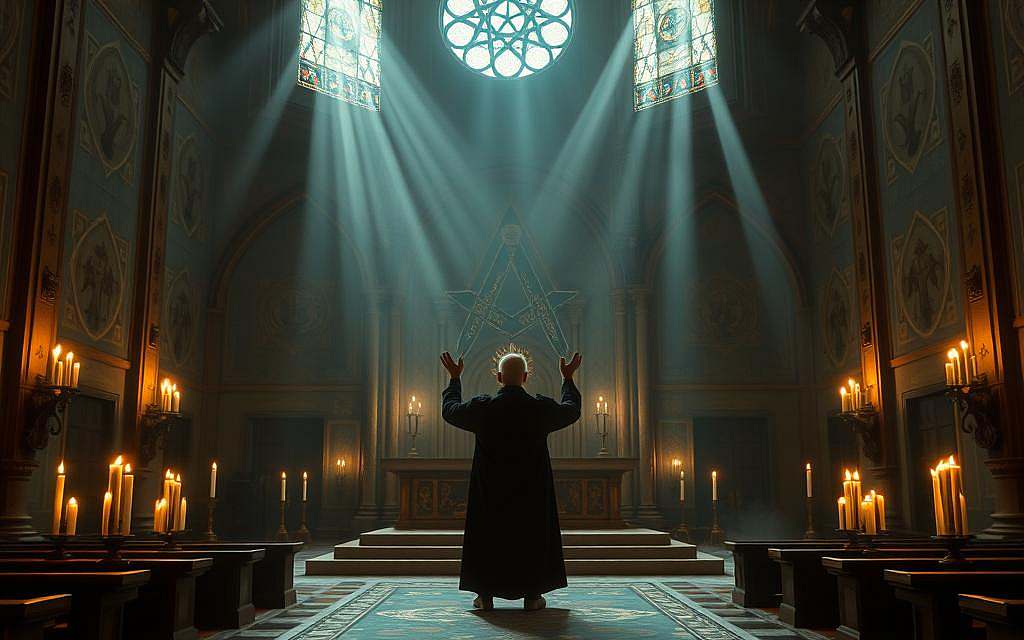 A tranquil, candlelit Masonic temple, its walls adorned with symbolic geometry and mystical iconography. In the center, a lone figure in a dark robe stands before a massive stone altar, his hands raised in a gesture of contemplation. Beams of soft, ethereal light filter through stained glass windows, casting an otherworldly glow upon the scene. The air is thick with the scent of incense, and a sense of profound stillness and reverence permeates the space. This is the world of "zahl33 freimaurerei" - the sacred numerology and esoteric philosophy at the heart of Freemasonry's path to enlightenment and mastery.