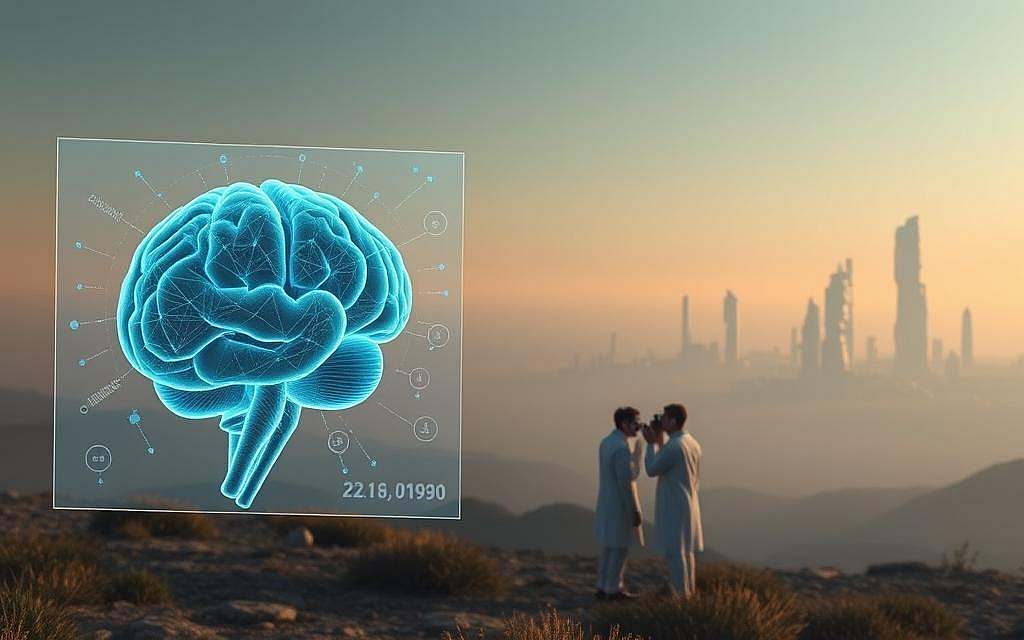 A tranquil, contemplative landscape depicting the future of consciousness research. In the foreground, a holographic display shows intricate 3D visualizations of the human brain, its neural networks pulsing with activity. In the middle ground, a group of scientists in white lab coats and futuristic headsets examine the data, deep in thought. In the background, a panoramic vista of towering, crystalline structures reaches toward the sky, hinting at the uncharted realms of the mind yet to be explored. Soft, diffuse lighting casts a sense of wonder and profound discovery, as if the very fabric of reality is shifting before our eyes. A profound and immersive scene, evoking the boundless potential of human consciousness.