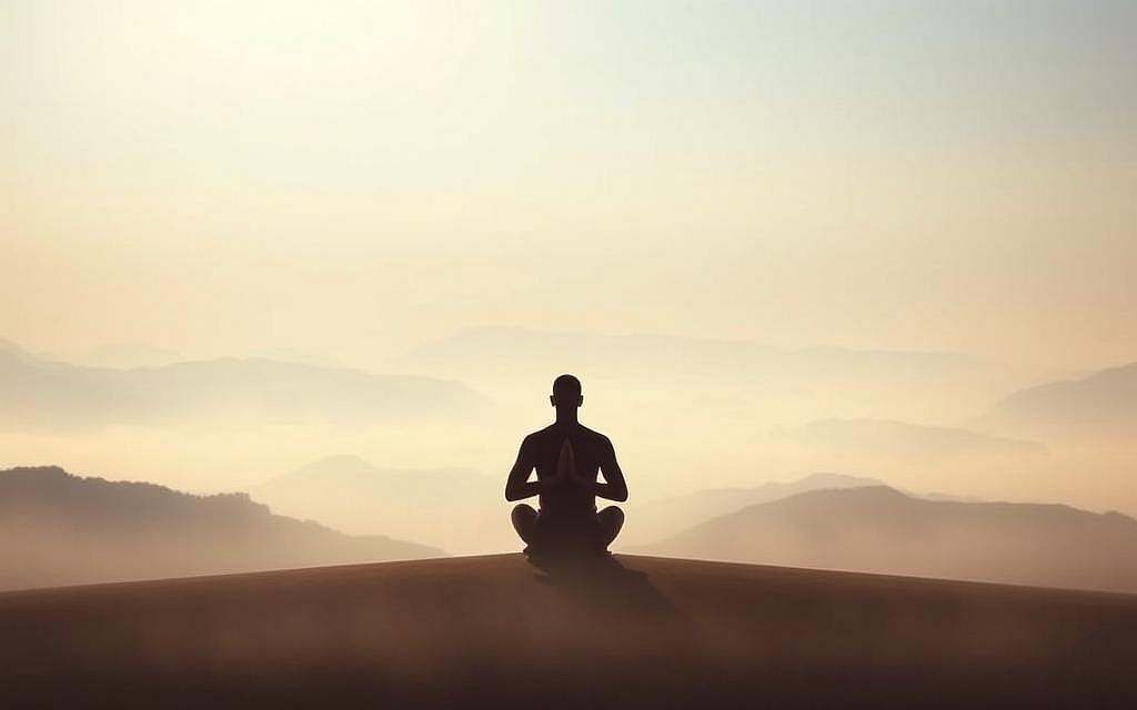 A tranquil, ethereal landscape depicting the transcendence of the ego. In the foreground, a lone figure sits in a meditative pose, their form bathed in a soft, warm light. The background is shrouded in mist, with distant, hazy mountains and a vast, open sky. The scene conveys a sense of serenity, stillness, and the dissolution of the individual self, evoking the journey of self-discovery and the path to inner peace. The lighting is gentle and diffused, creating a dreamlike, contemplative atmosphere. The composition is balanced, with the figure at the center, drawing the viewer's gaze inward. The overall tone is one of tranquility, introspection, and the revelation of the true nature of the self.